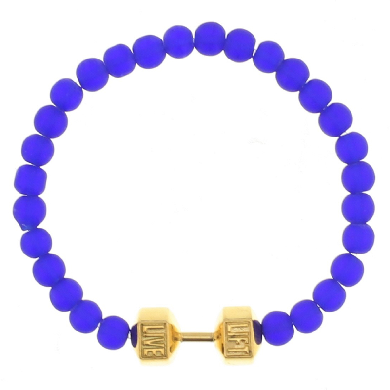 Bracelet 6 Mm Blue Beads Gold Pendant -Medium