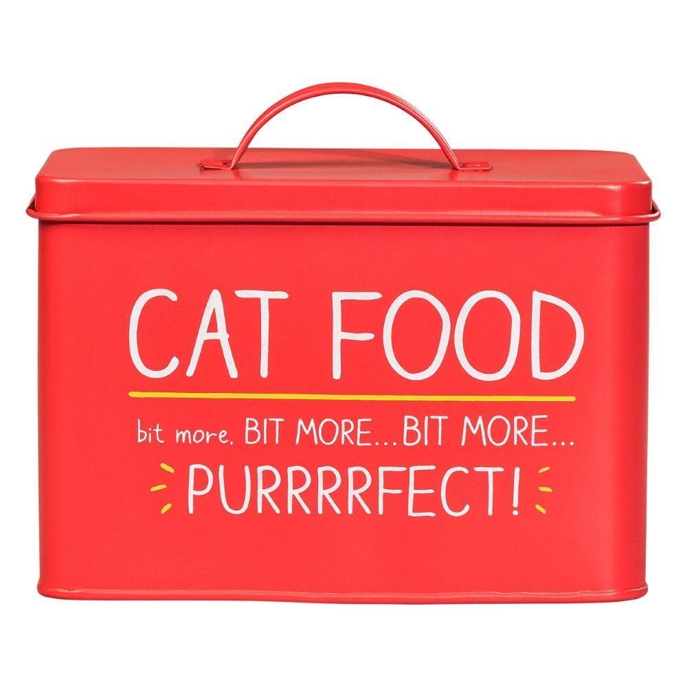 علبة طعام القطط من القصدير، مطبوع عليها عبارة Cat Food Tin Bit More Bit More Purfect