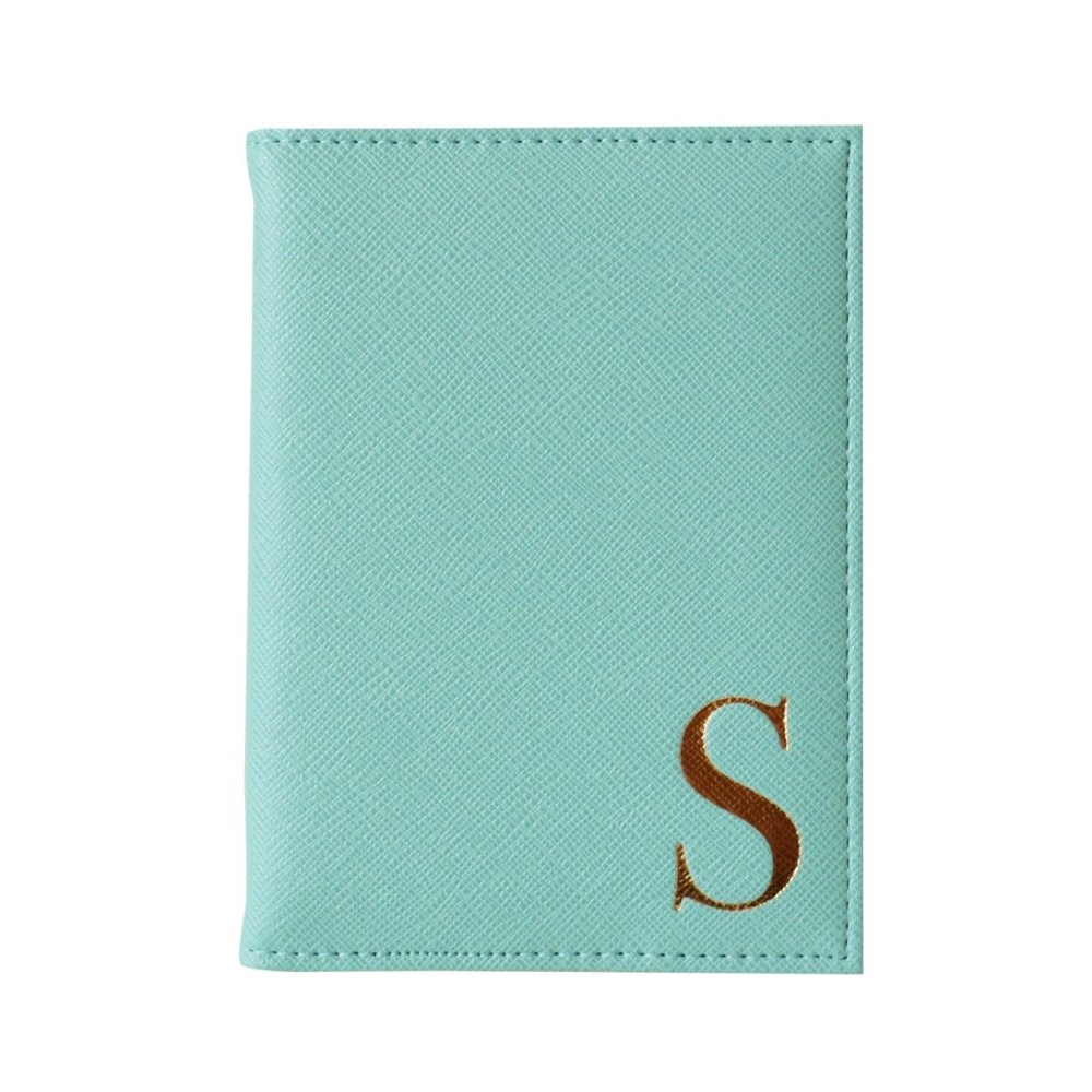 Monogram Passport Cover Mint With Gold Letter S