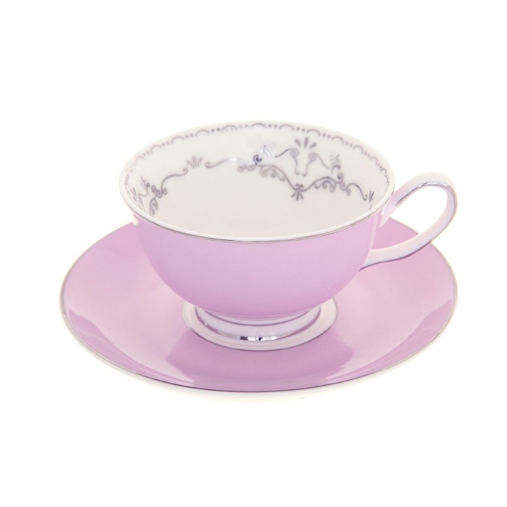 فنجان شاي مس دارسي برسمة العصفور مع الصحن باللون الفضي ولون اللافندر