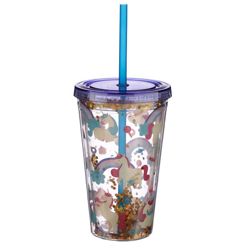 Fun Unicorn Design Glitter Double Walled Cup With Lid And Straw
