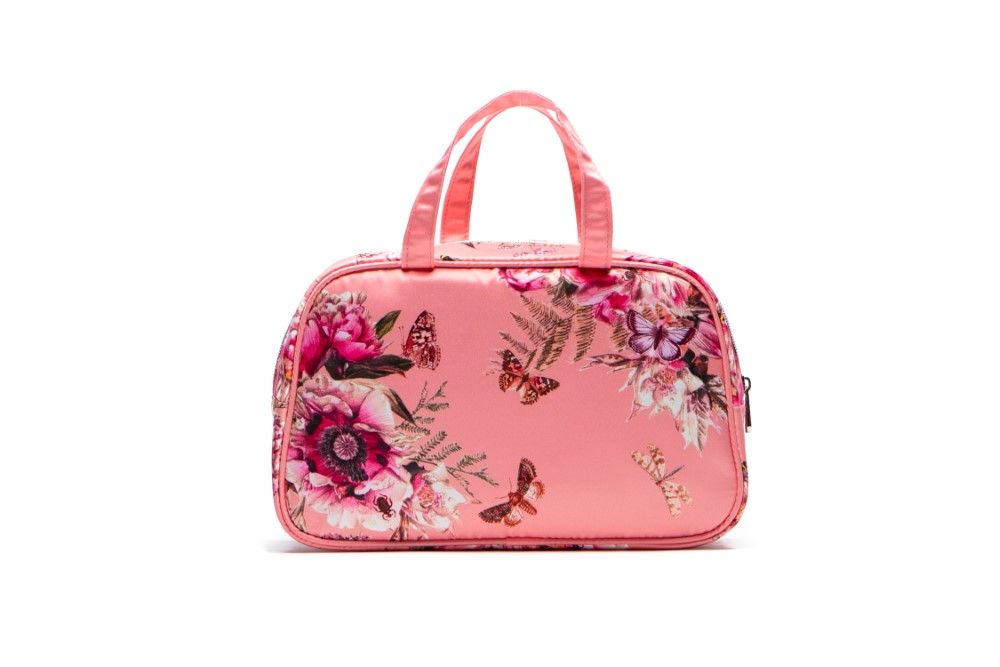 حقيبة أدوات تجميل بيد يمكن اصطحابها في السفر مطبوع عليها حديقة الفراشات