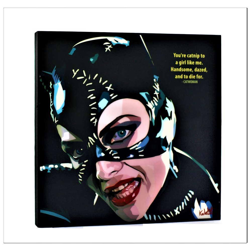 Famous Pop Art Cat Woman Ver1 25cm x 25cm Plywood and Laminate Wall Frame