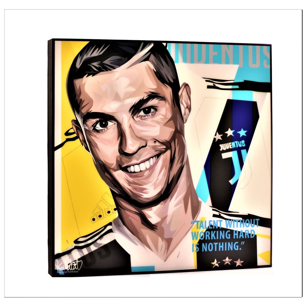 Famous Pop Art Cristiano Ronaldo Juventus 25cm x 25cm Plywood and Laminate Wall Frame