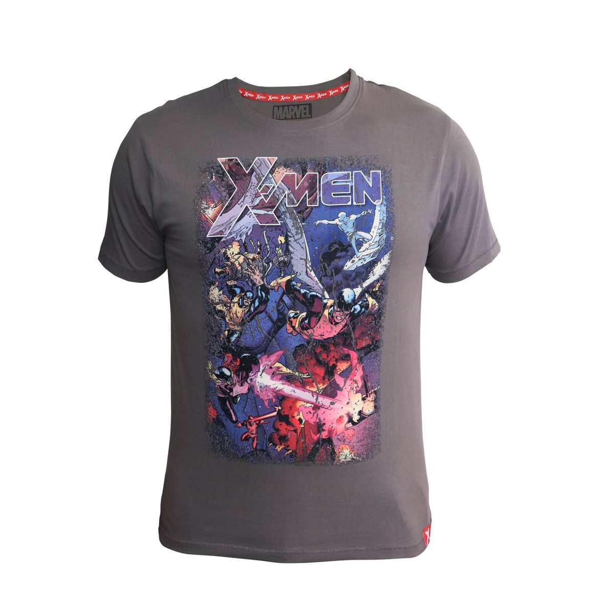 Marve X-Men Crew Neck Short Seeve Tee with Distress and HD Print Gray