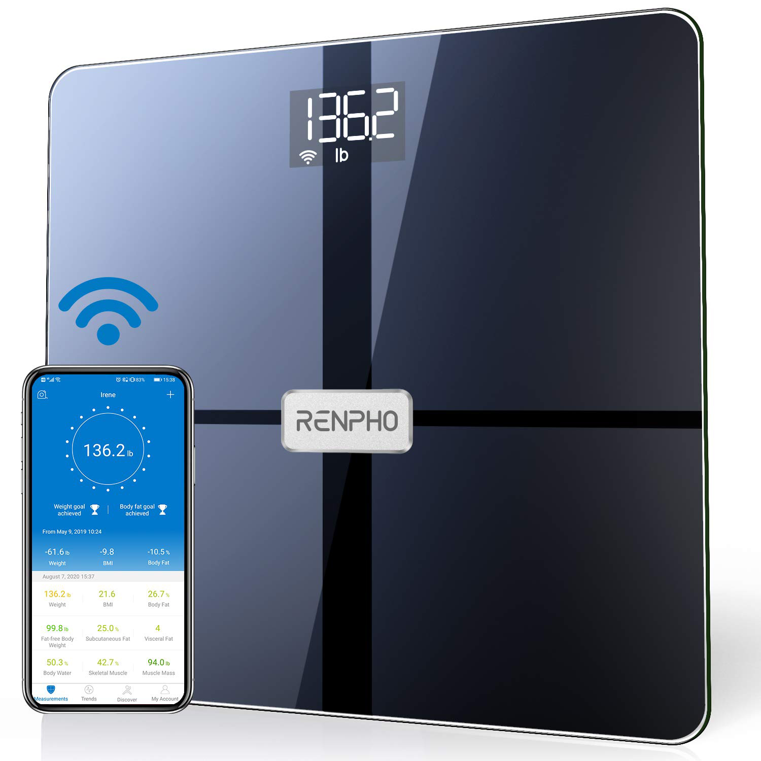 Renpho Smart Wifi Body Scale - Ito Glass - 13 Metrics - Ble - 3Aaa - 11X11X1Inch/28X28X2.5Cm - Black