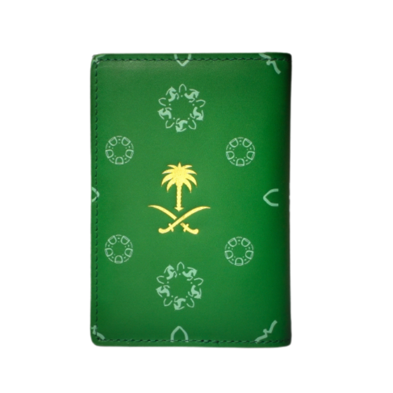 Tawqiy Genuine Cowhide Leather Card Holder Wallet Green With Saudi Emblem And Founding Day Icons