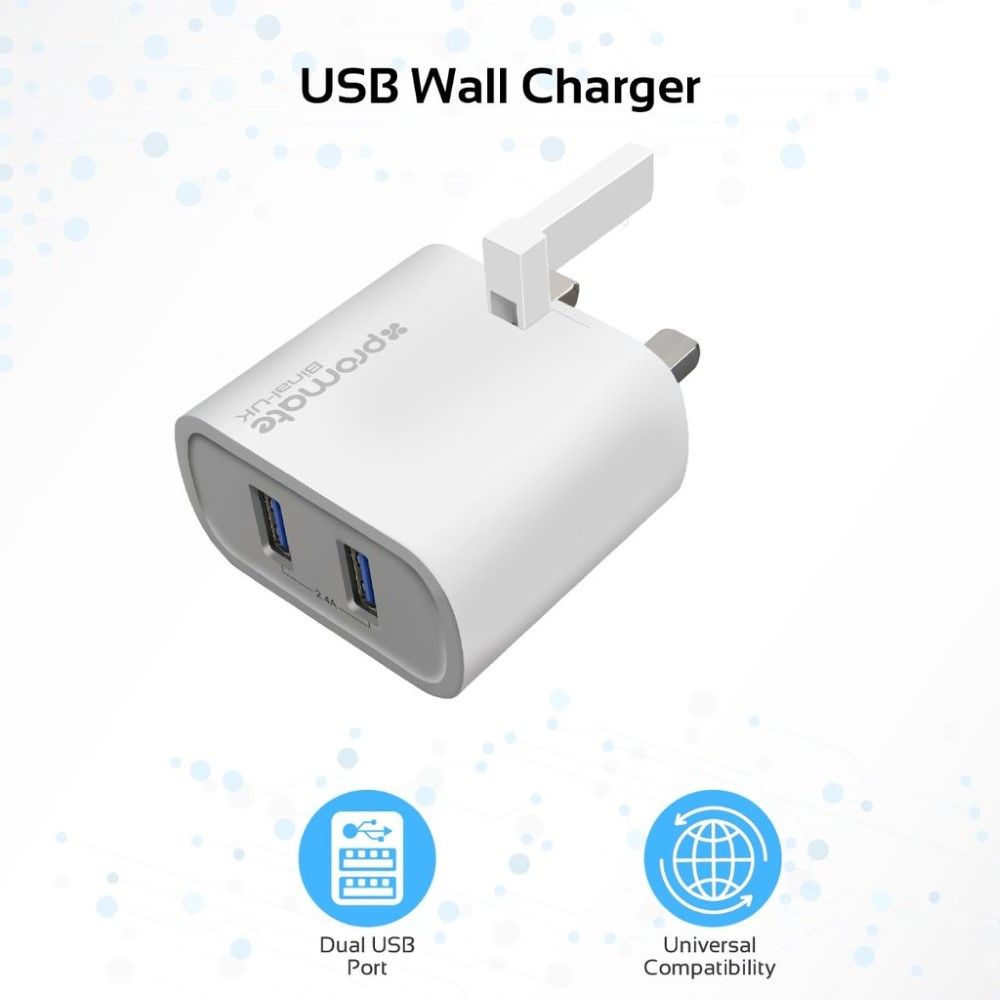 Promate Wall Charger with Dual Ports White