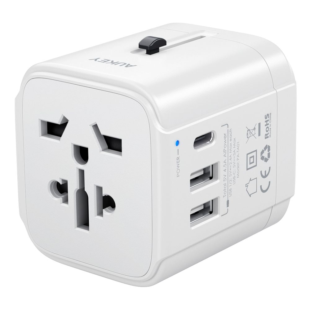 Aukey World Travel Universal Travel Adapter With One USB C And Two USB A Ports White