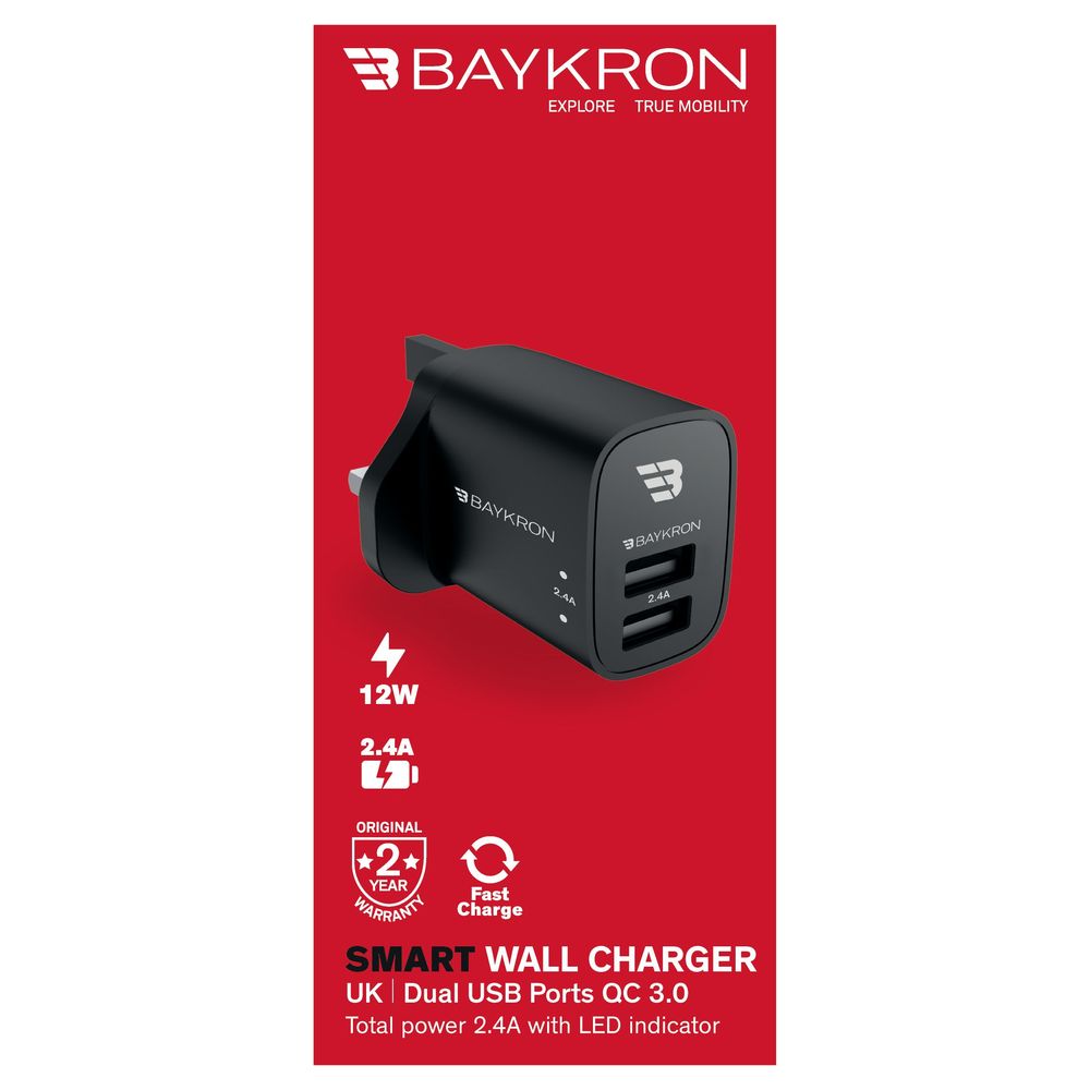 Baykron 12W Wall Charger with Dual USB Ports Total Power 2.4A Uk Black
