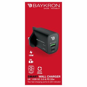 Baykron 36W Fast Charging Dual Port Wall Charger with Type-C Power Delivery 20W + QC3.0Uk Black