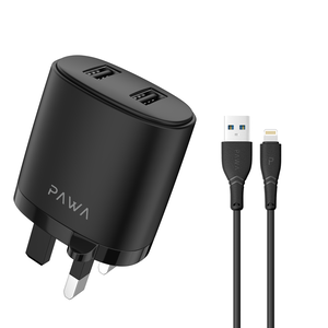 Pawa Dual USB Port AutoID Wall Charger 2.4A with Lightning Cable Black