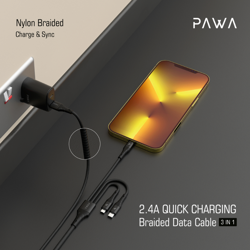 Pawa Braided 3 IN 1 Cable 1.2M USBC To USBC+LIGHTNING+MICRO Black