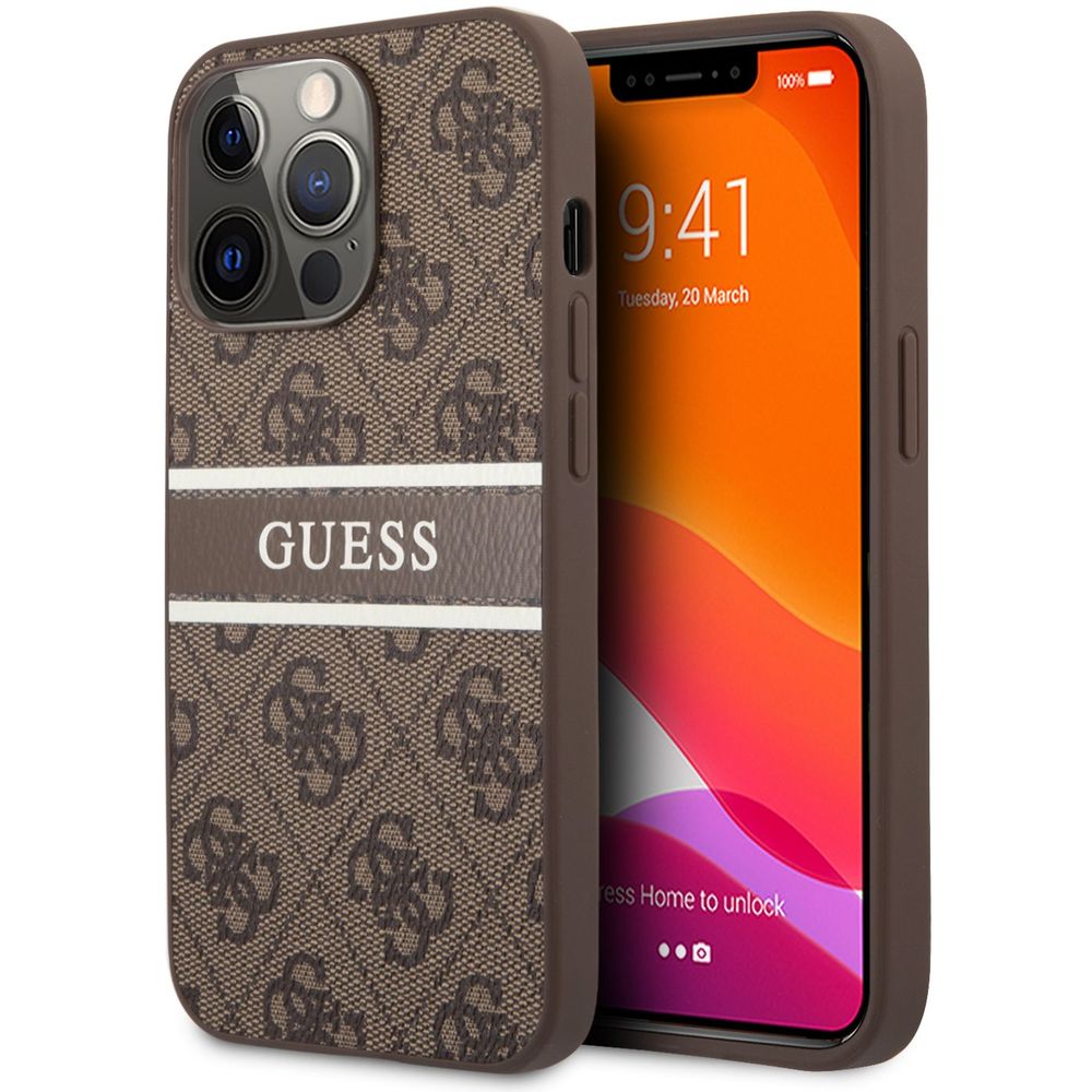 Guess 4G PU Leather Case With Printed Stripe iPhone 13 Pro Max Brown