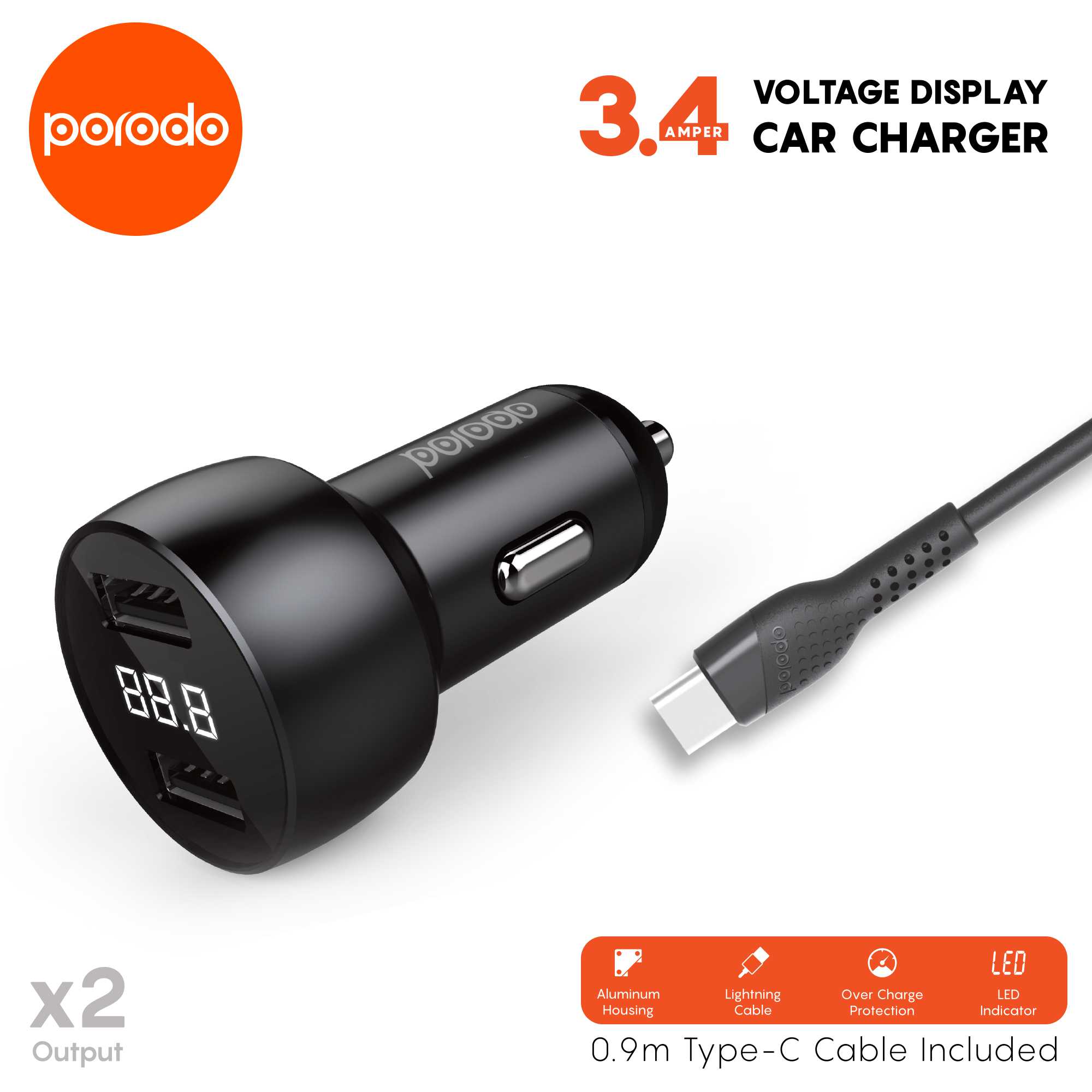 Porodo Car Charger 3.4A With Pvc Type-Ccable 0.9M Black