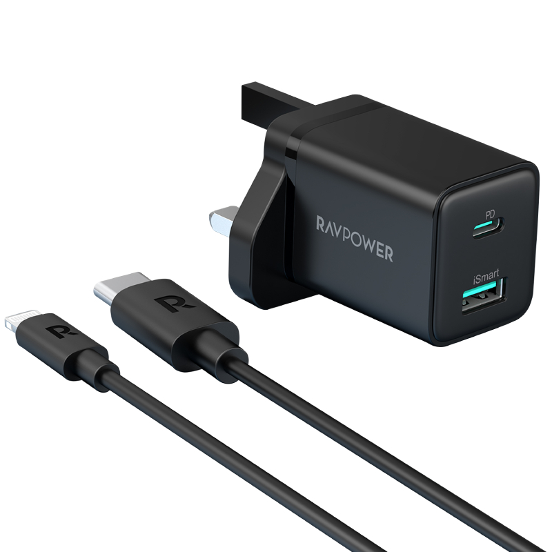 Ravpower Two-Port Wall Charger With Type-C Cable Black 2-In-1