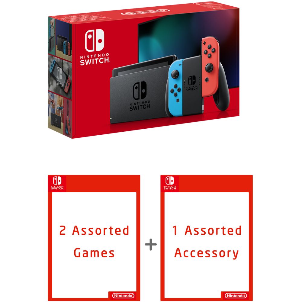Nintendo Switch Neon Red Color Console and 2 Game and 1 Accessory