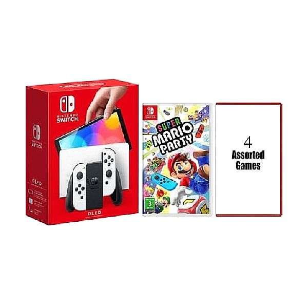 Nintendo Switch OLED White Joy Con Console + Super Mario Party + 4 Assorted Game