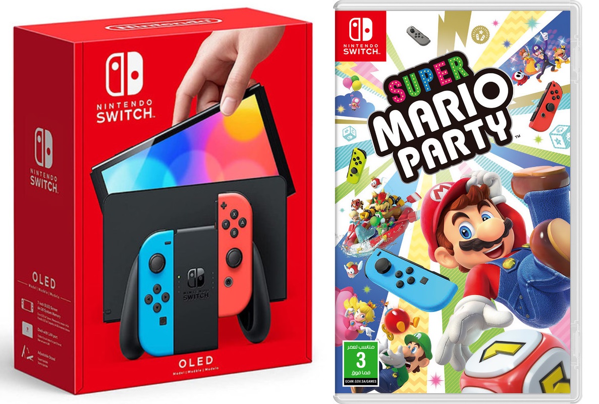 Switch Oled Neon Joy Con Console + Mario Party + 1 Assorted Game