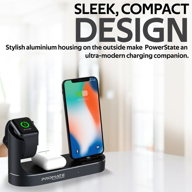 Promate Apple MFI Charging Dock Lightning 18W Pd 10W Wireless Charger for AirPods & Smartphones Apple Watch Charger Black