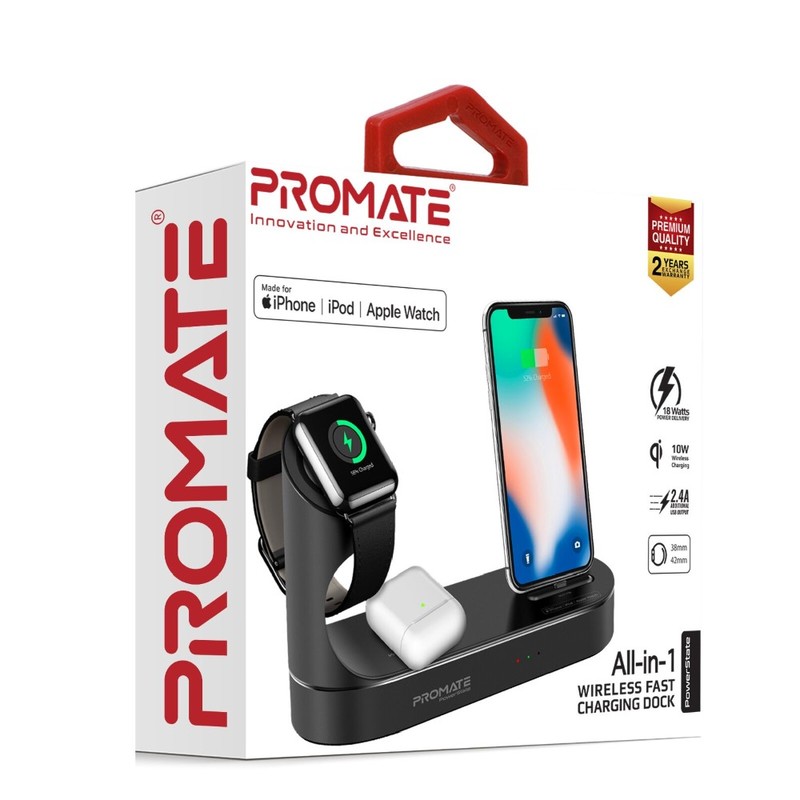 Promate Apple MFI Charging Dock Lightning 18W Pd 10W Wireless Charger for AirPods & Smartphones Apple Watch Charger Black