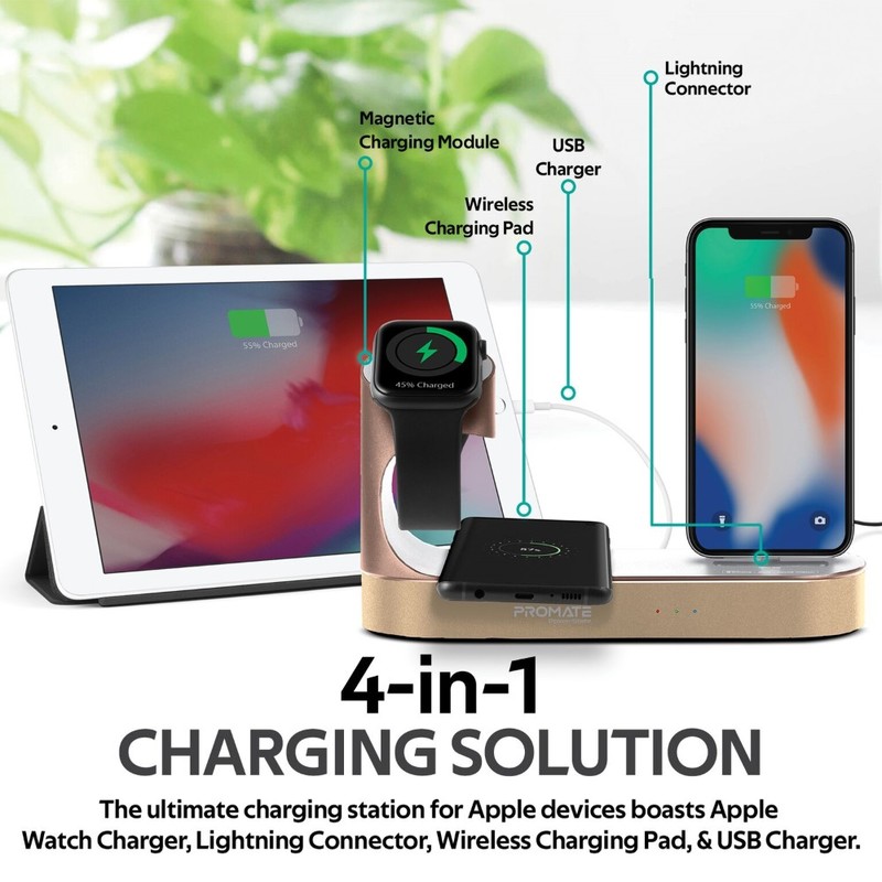 Promate Apple MFI Charging Dock Lightning 18W Pd 10W Wireless Charger for AirPods & Smartphones Apple Watch Charger Black Gold