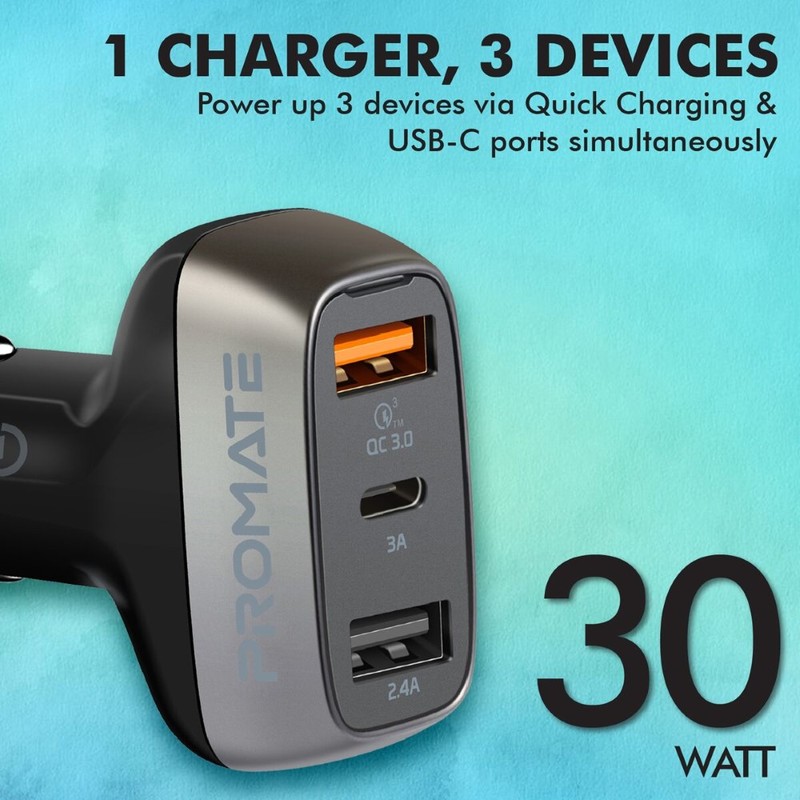 Promate 30W Car Charger with QC3 0 and 3A USB C Port