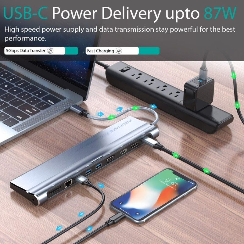 Promate All in 1 USB C™ Docking Stationwith 87W Pd