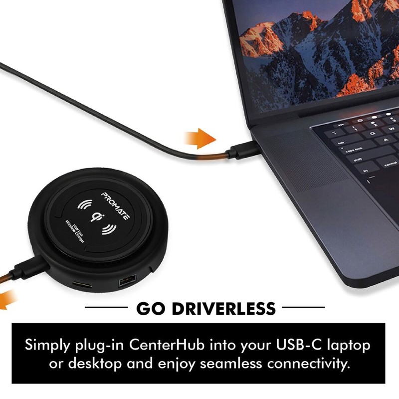 Promate USB C Hub with 100W Pd Wirelesscharger Black