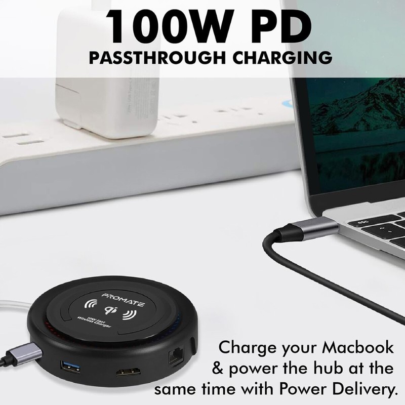 Promate USB C Hub with 100W Pd Wirelesscharger Black