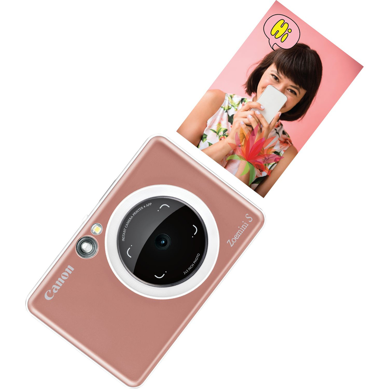 كاميرا زوي ميني أس بطابعة فورية ملحقة من كانون باللون الذهبي الوردي