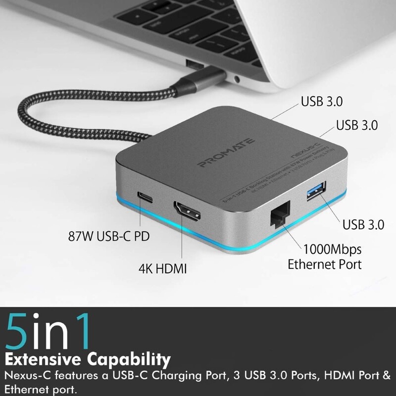 Promate 6 in 1 USB C Docking Station with 87W Pd Grey