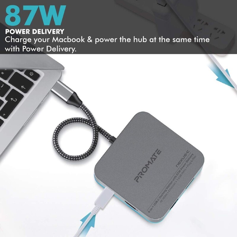 Promate 6 in 1 USB C Docking Station with 87W Pd Grey