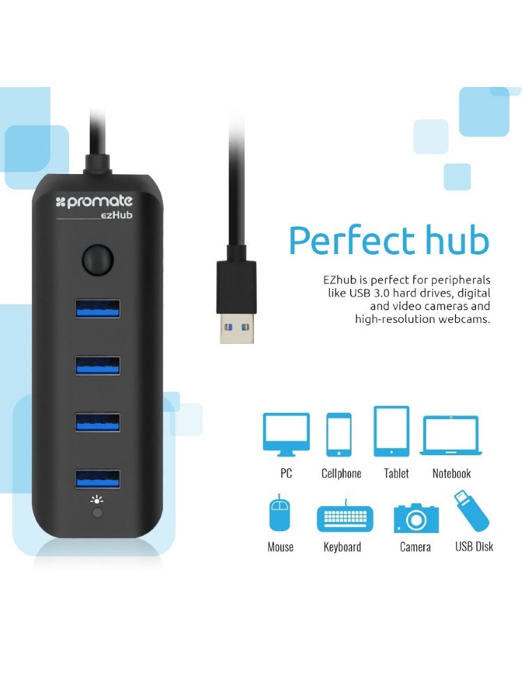 Promate Ultra Fast Portable USB 3.0 Hubwith 4 Ports