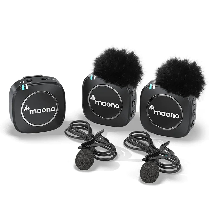 Maonocaster Au Wm820A2 Dual Person Compact Wireless Lavalier Microphone 2.4Ghz With Real Time Monitoring And 22 Level Gain Adjustmen