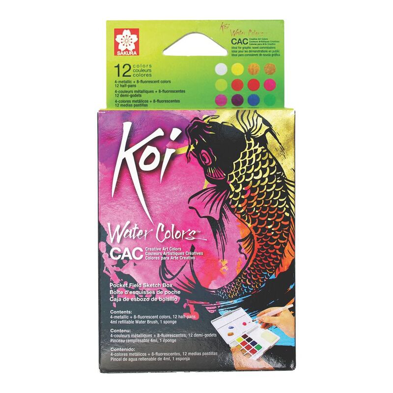 Koi Water Colors Pocket Field Sketch Box Creative Art Colors 4 Metal Ic & 8 Fluo.Colors