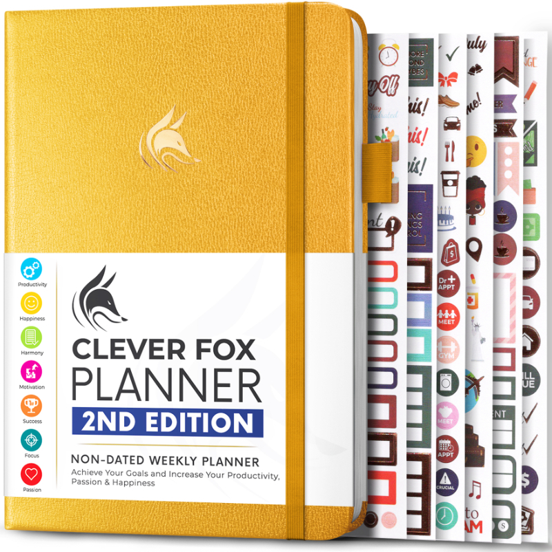 مفكرة مكتبية من Clever Fox الطبعة الثانية - حجم A5 - لون أصفر عنبر