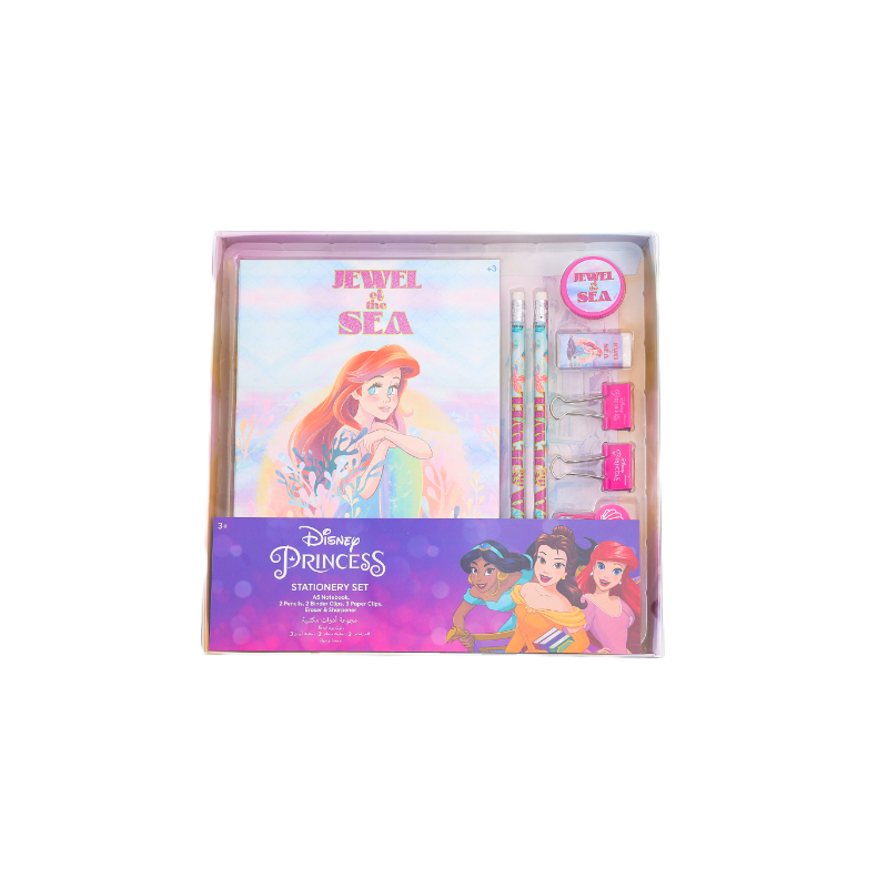 Disney Princess Jewel Of The Sea Stationery Box Set 10Pc - A5 Spiral Notebook 2Pencils 2 Clips 3 Paper Clips With Topper 1 Eraser A
