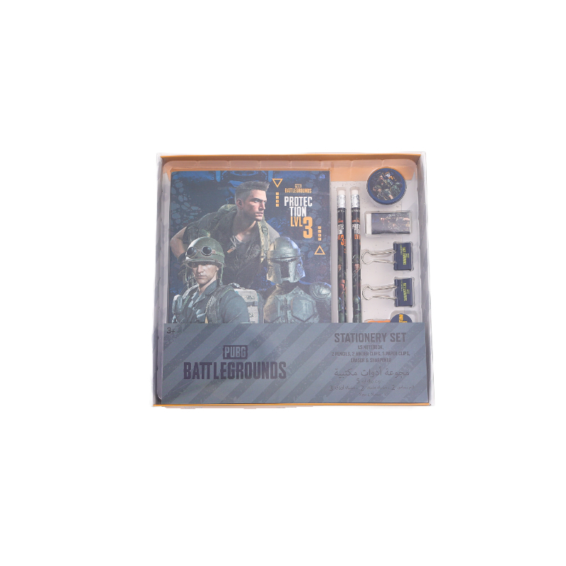 Pubg Battlegrounds Lvl 3 Protection Stationery Box Set 10Pc - A5 Spiral Notebook 2 Pencils 2 Clips 3 Paper Clips With Topper 1 Erase