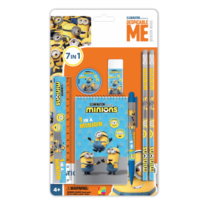 مينيونز مجموعة قرطاسية 7 في 1 للأطفال حزمة مكونة من ( 2 قلم رصاص Hb قلم براية ممحاة دفتر A6 مسطرة 15 سم) - أزرق و أصفر