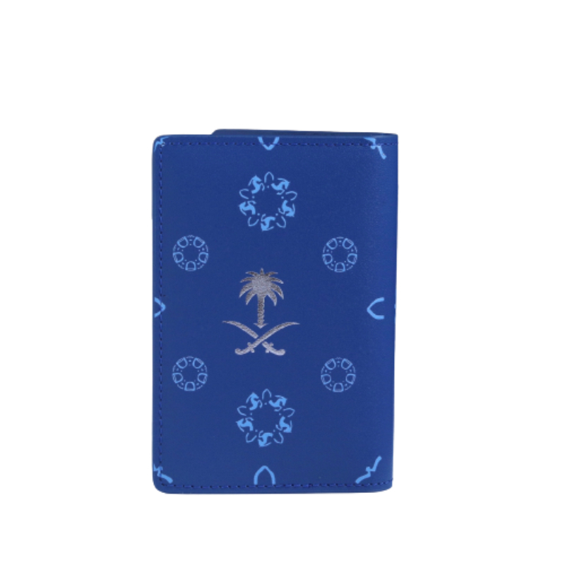 Tawqiy Genuine Cowhide Leather Card Holder Wallet Blue With Saudi Emblem And Founding Day Icons
