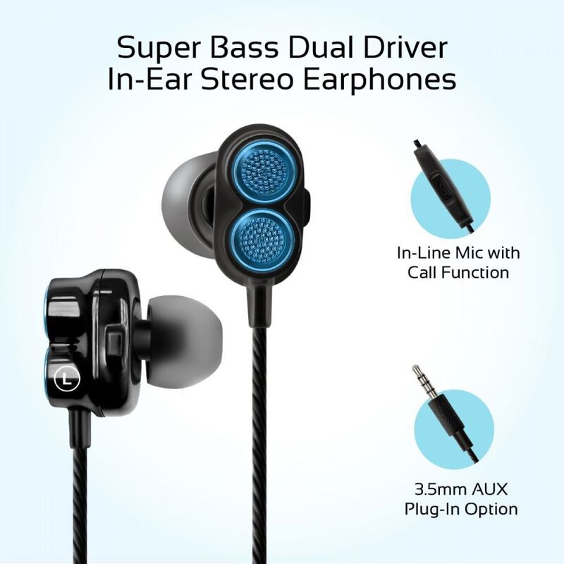 Promate Bass Boost Dual Driver in Ear Earphone Blue