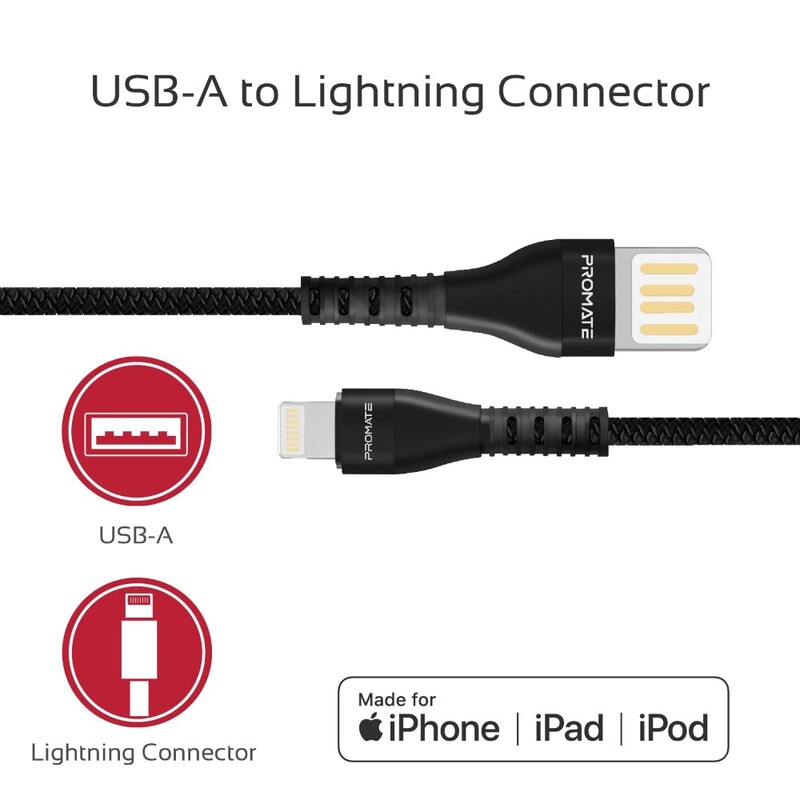 Promate Lightning Cable Double Sided USB A 1.2M Black