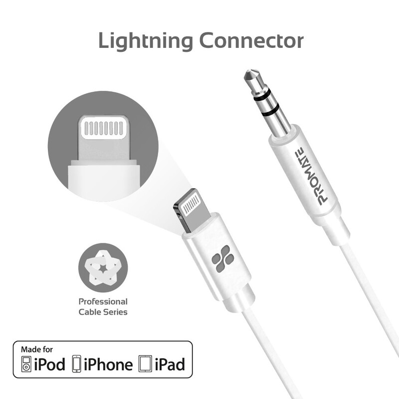 Promate 3.5 Audio Cable with Lightning MFI 1M White