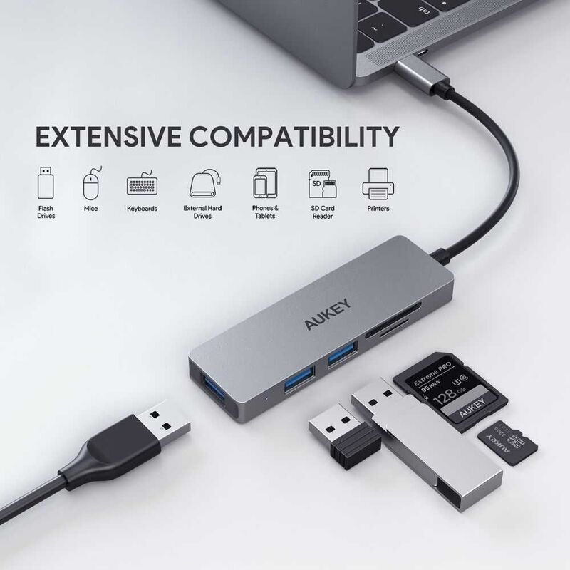 Aukey USB C Data Hub 3 Ports with Sd Slot Silver