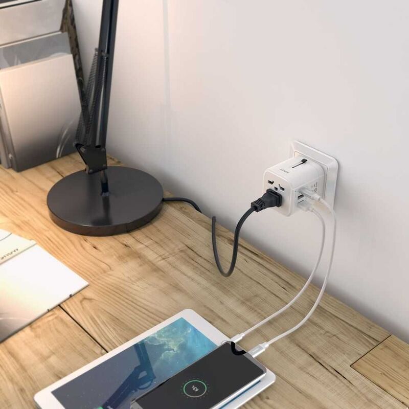 Aukey World Travel Universal Travel Adapter With One USB C And Two USB A Ports White