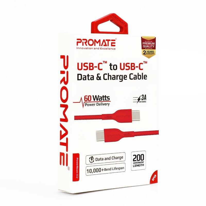 Promate 60W Pd USB C to USB C 2M Red