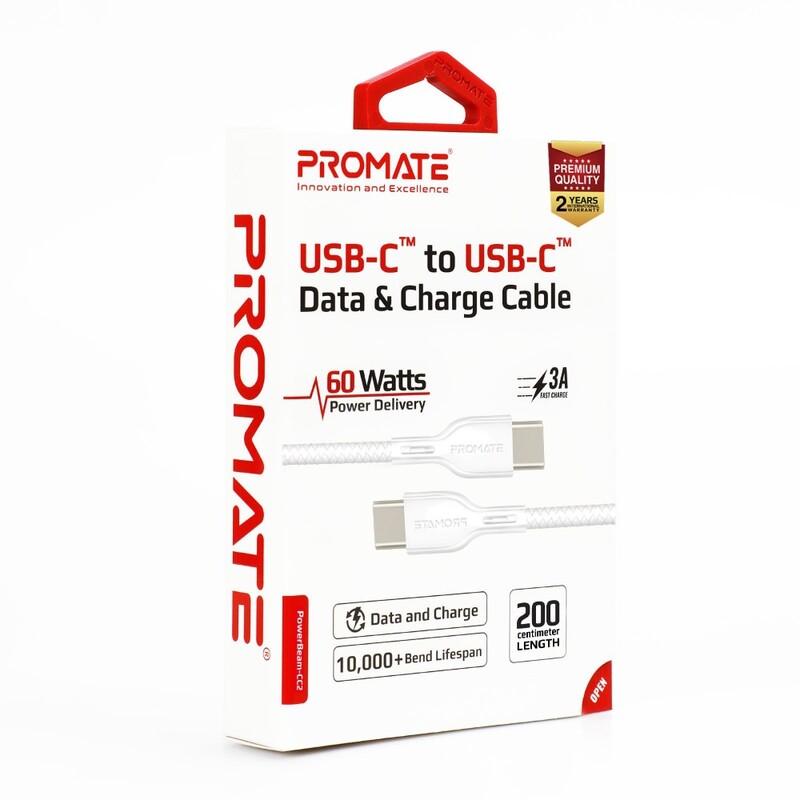 Promate 60W Pd USB C to USB C 2M White