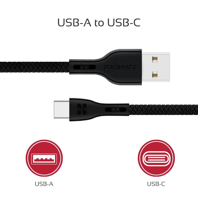 Promate Data & Charge USB C Cable 1.2M Black