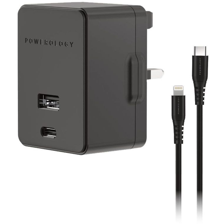 Powerology Dual Port Wall Charger 18W With Type-C To Mfi Lighting Cable 1.2M Black